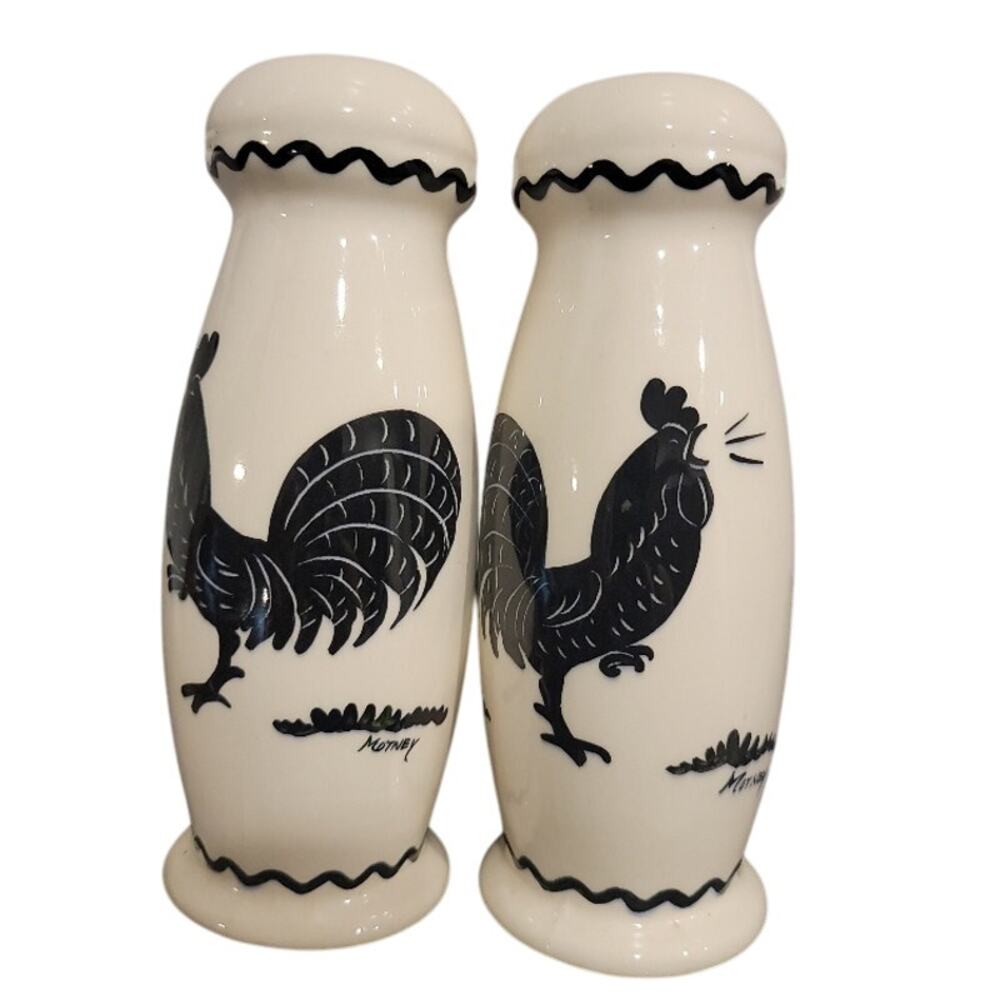 Vintage Rooster Salt & Pepper Shakers Black Off‎ White Tall Motney Classic